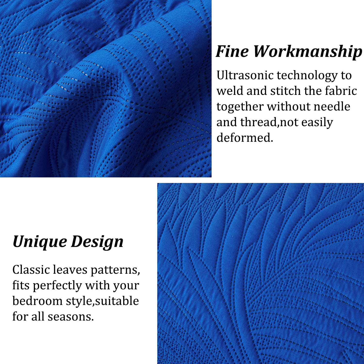 Evenhug 3-Piece Queen Quilt Set Soft Banana Leaves Pattern Bedding Set Lightweight Microfiber Ultrasonic Bedspread With Shams Suitable All Season(Royal Blue,90"x90")