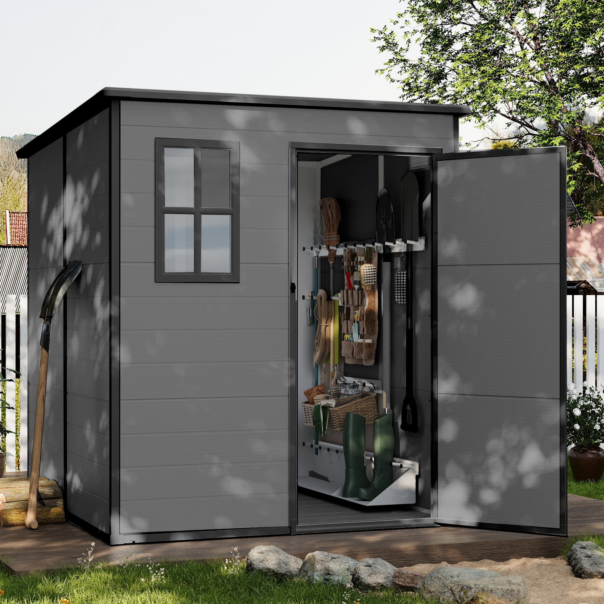 ELPOSUN Outdoor Resin Storage Shed 6x6 FT,Plastic Garden Shed for Bike,Garbage Can, Tool,Outside Sheds with Lockable Door for Backyard,Patio, Lawn,Dark Gray,Dark Gray