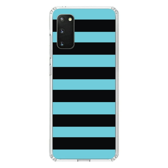 DistinctInk Clear Shockproof Hybrid Case for Galaxy S20 PLUS / 5G (6.7" Screen) - TPU Bumper, Acrylic Back, Tempered Glass Screen Protector - Black & Cyan Bold Horizontal Stripes