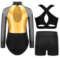 thumbnail image 4 of Aiihoo Kids Girls Gymnastics Ballet Dance Mesh Long Sleeve Shiny Rhinestones Leotard with Vest Shorts for Training Performance Gold 12, 4 of 5