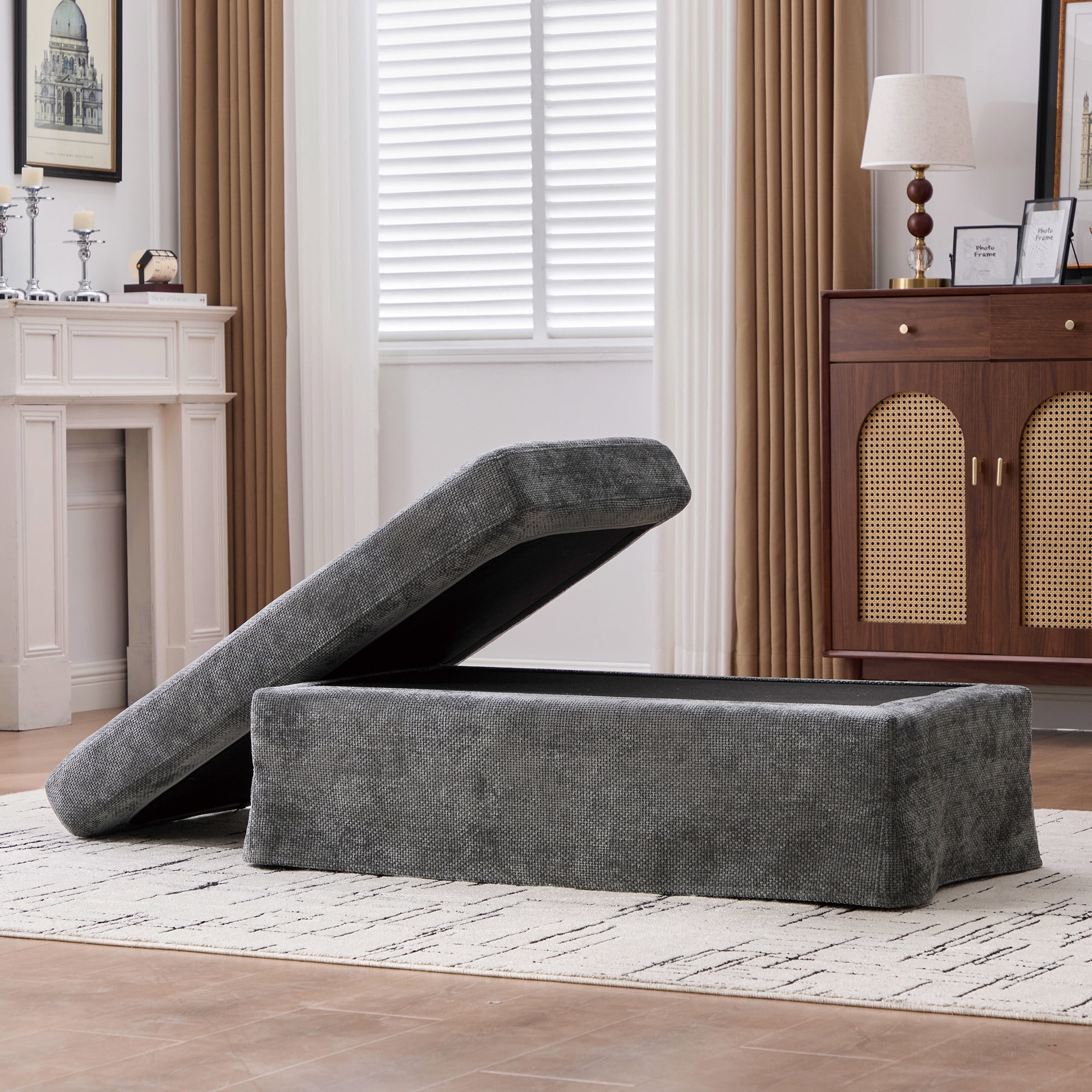 43.7" Wide Modern Upholstered Chenille Ottoman, Foot Stool Square Footrest with Black Metal Legs for Living Room Bedroom Entryway and Office, Charcoal