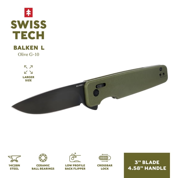 Swiss Tech Balken L Folding Knife, 14C28N Steel, Olive G-10 Handle, EDC Crossbar Lock