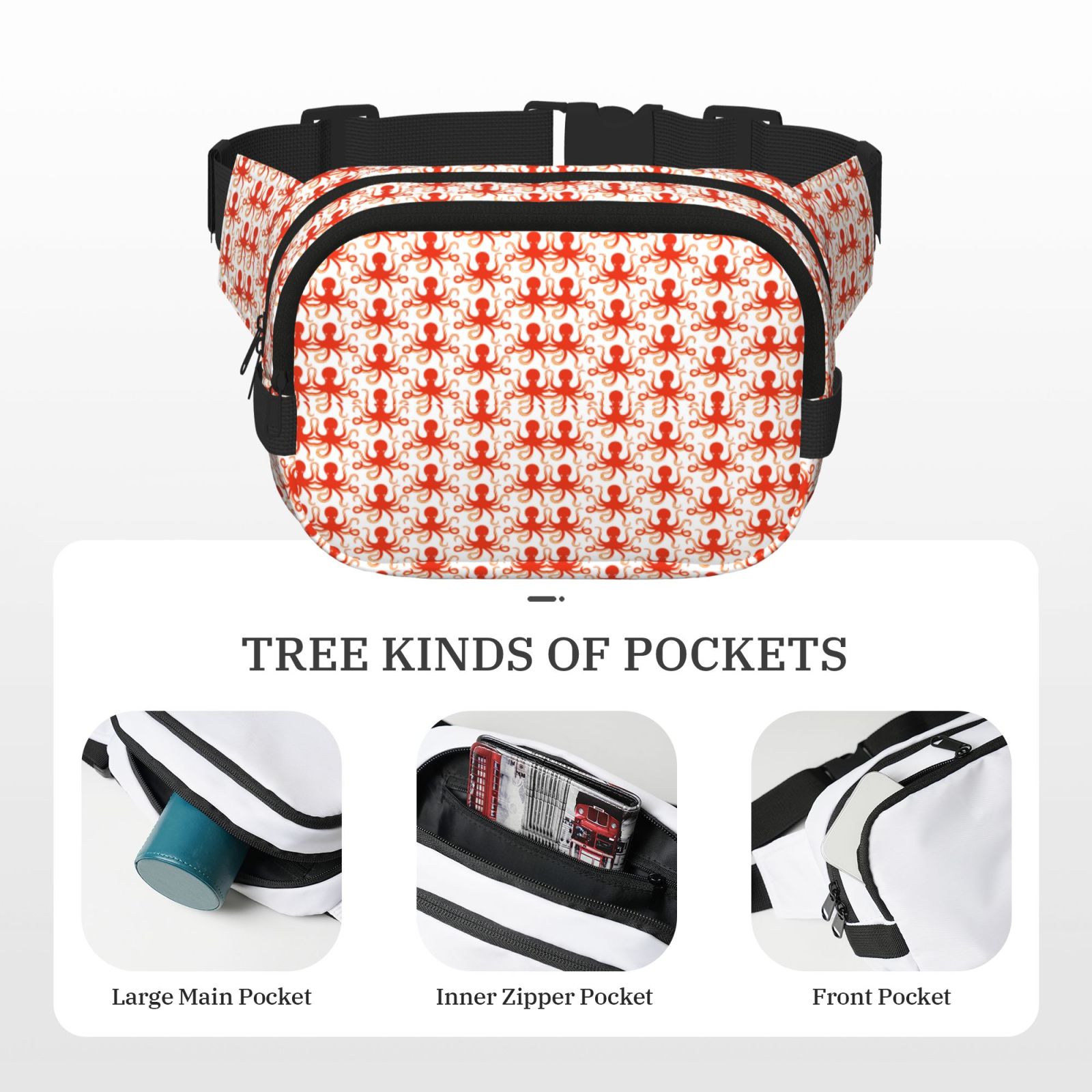 Picia Octopuses1 Print Square Double-Layer Waist Bag Mini Adjustable Waist Belt Bag Exercise Running Travel Hiking