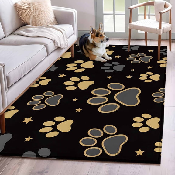 Area Rugs for Living Room Bedroom, Yellow Black Dog Paws 4'x6' Rug Washable Carpet Runner Indoor Outdoor, Vintage Pastoral Retro Art Non Slip Accent Floor Mats Rug for Kitchen, Office