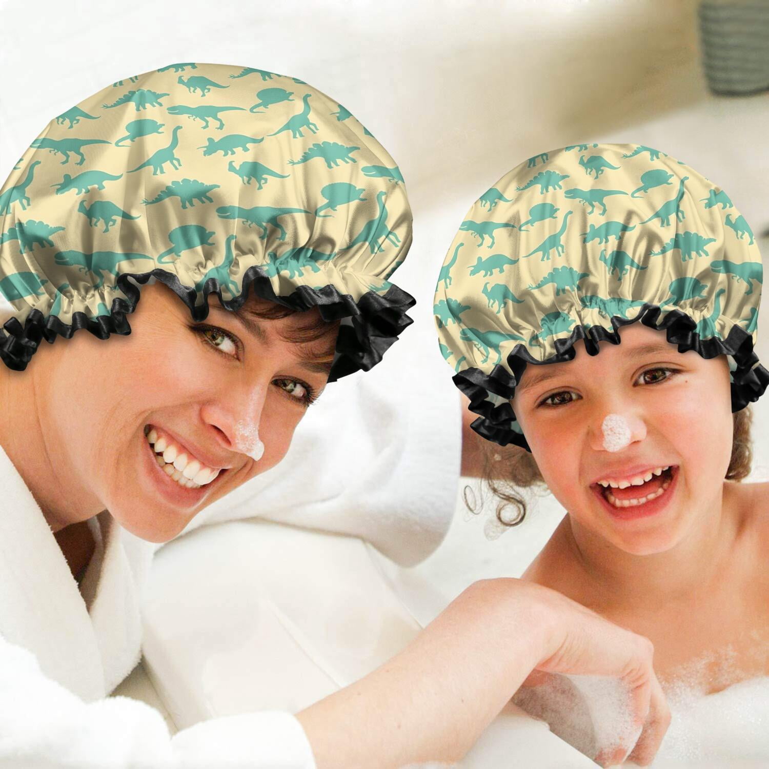 Shower Caps,LightYellow Green Dinosaurs Silhouettes Pattern Waterproof Shower Cap for Women 4 Pieces,Double Reusable Hair Cover for Shower PEVA Elastic Stretch Hem