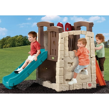 Step2 Naturally Playful Woodland Climber includes 2 steering wheels, 2 rock wall sides, slide, platform play area and an optional sandbox area underneath