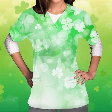 

Ozmmyan Womens Tops St Patricks Day Scrubs for Women s Short Sleeved V-neck Shirt St Patrick Printed With Pocket Protector