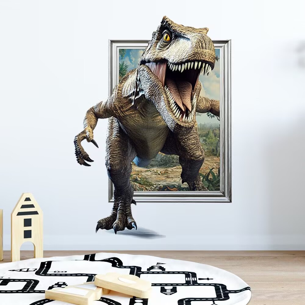 Large 3D Broken Dinosaur Wall Decals for Boys Room, Break Through The Wall Vinyl Wall Sticker for for Kids Bedroom Nursery Playroom Classroom