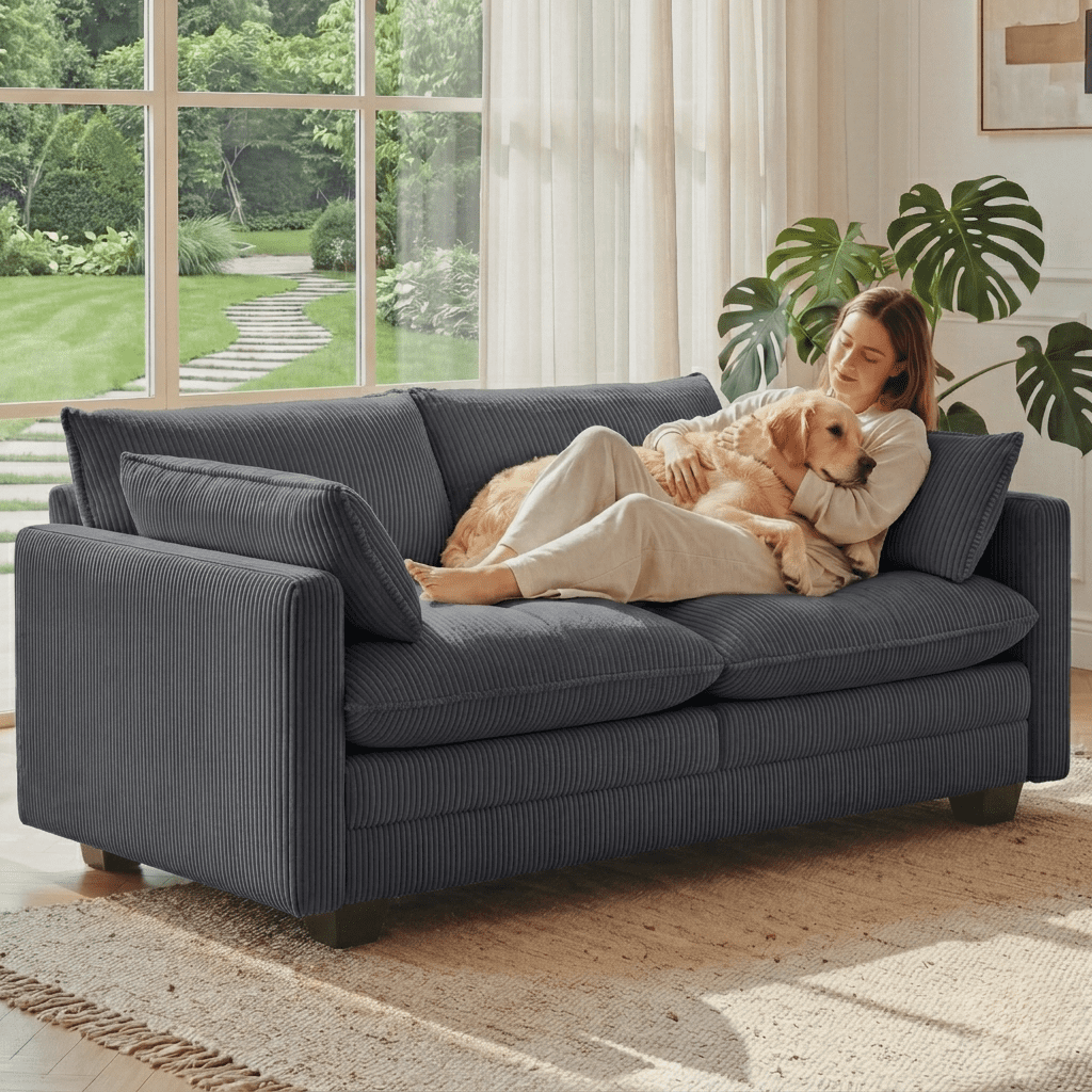 Asofer 75" Loveseat Corduroy Cloud Sofa, Deep Seat 2 Seater with Washable Cushion & 2 Pillows for Living Room Apartment, Gray