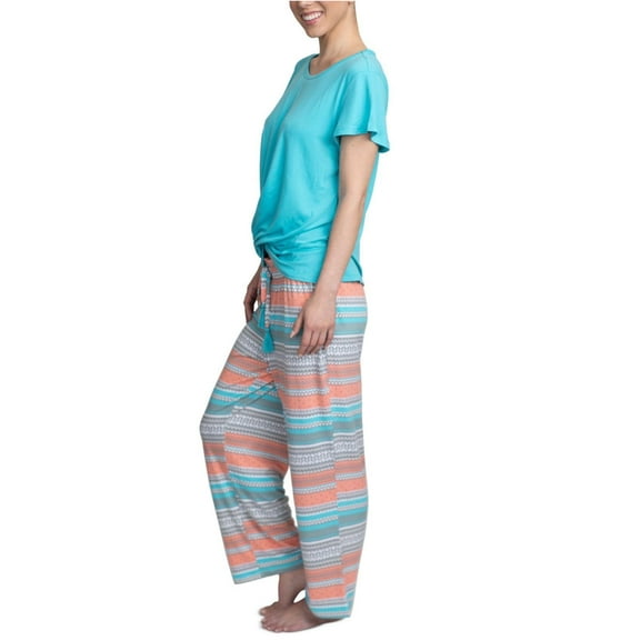 Muk Luks Women's Cloud Soft Knit Pants Lounge Set, Blue Multi Fairisle, L