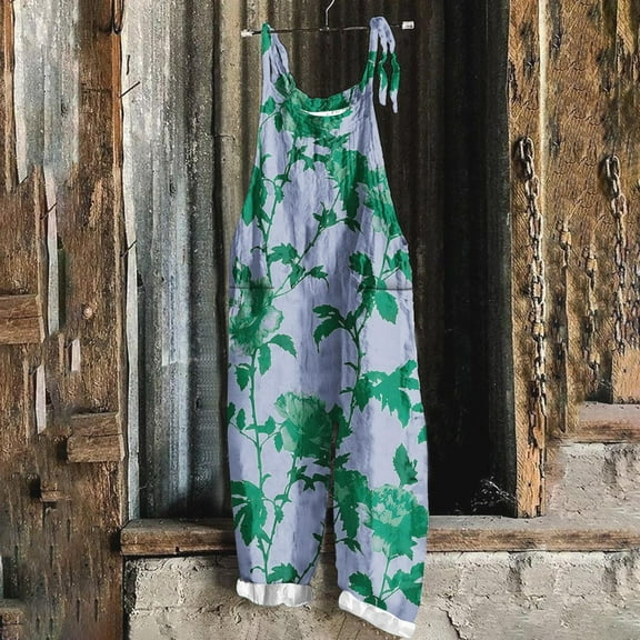 Sakmal Backless Jumpsuit Women Vintage Floral Plus Size Wide Leg Overalls Sleeveless Green Long Scoop Neck Pants for Women