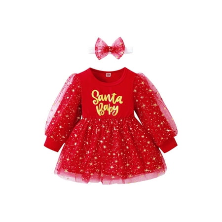 

Toddler Girl Christmas Princess Dress Letter Pattern Shining Little Star Hem Long Sleeve Tulle Dress+Headband Sets