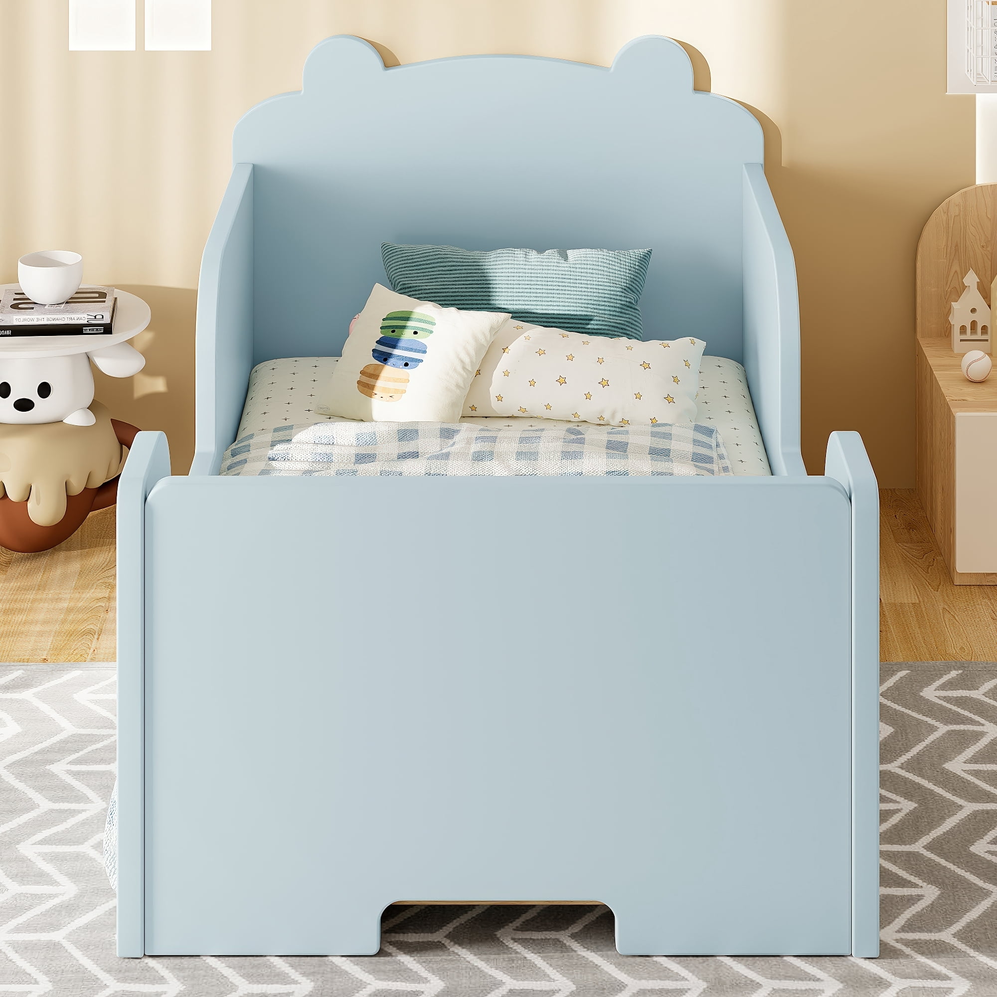Jopath Toddler Floor Bed Frame, Cot Bed with Bear Shape Toddler Bed for Boys and Girls Blue