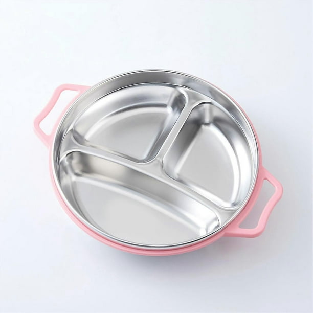 Stainless Steel Kids Plate with Anti-Scald Handle and Divided Compartments for Kindergarten, Pink