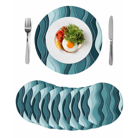Abstract Turquoise Moire Round 13 Inch Placemats Set of 8, Gradient Coastal Ocean Geometric HeatResistant Non Slip Place Mats for Dining Table, Wipeable Braided Kitchen Table Mats for Housewarming