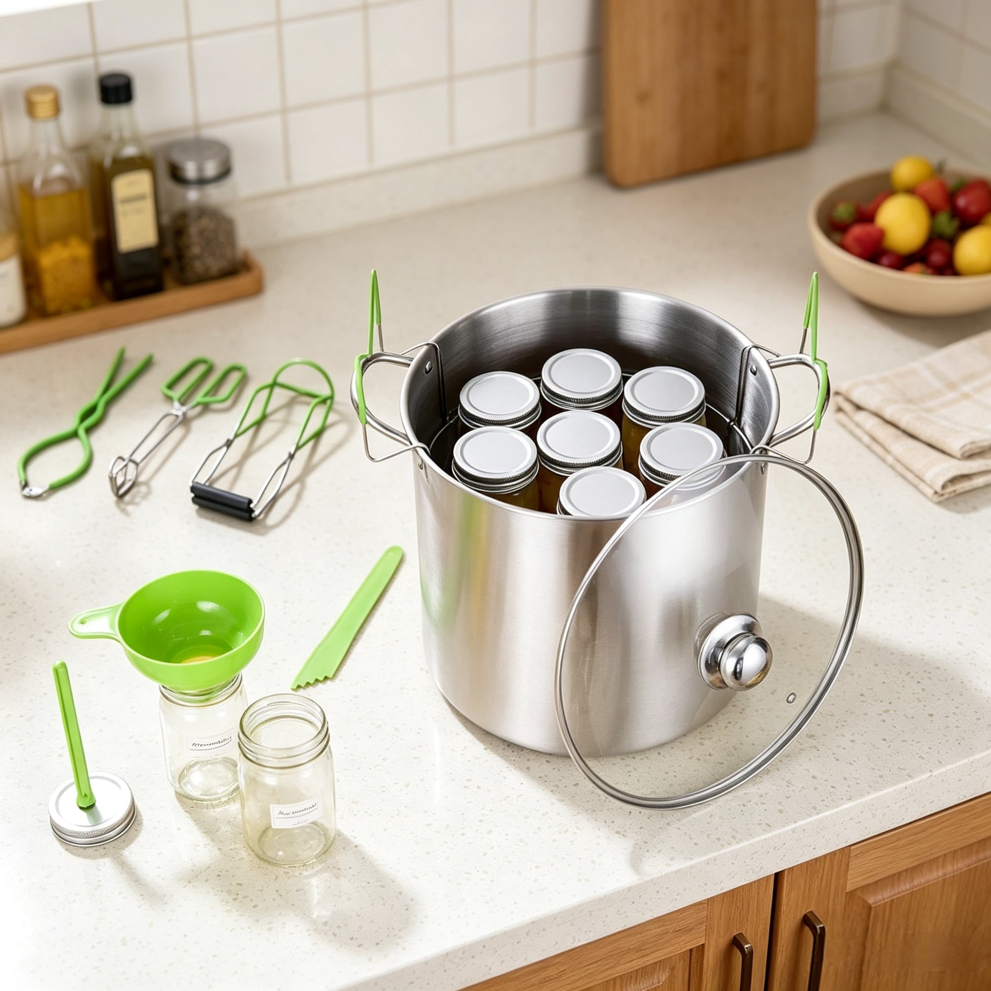 9 Piece Stainless Steel Water Bath Canning Starter Kit, Includes Pot, Rack, Lid, Funnel, Tongs, Jar Lifter, Wrench, Magnetic Wand & Bubble Popper, for Beginners（Excluding Glass Jars）