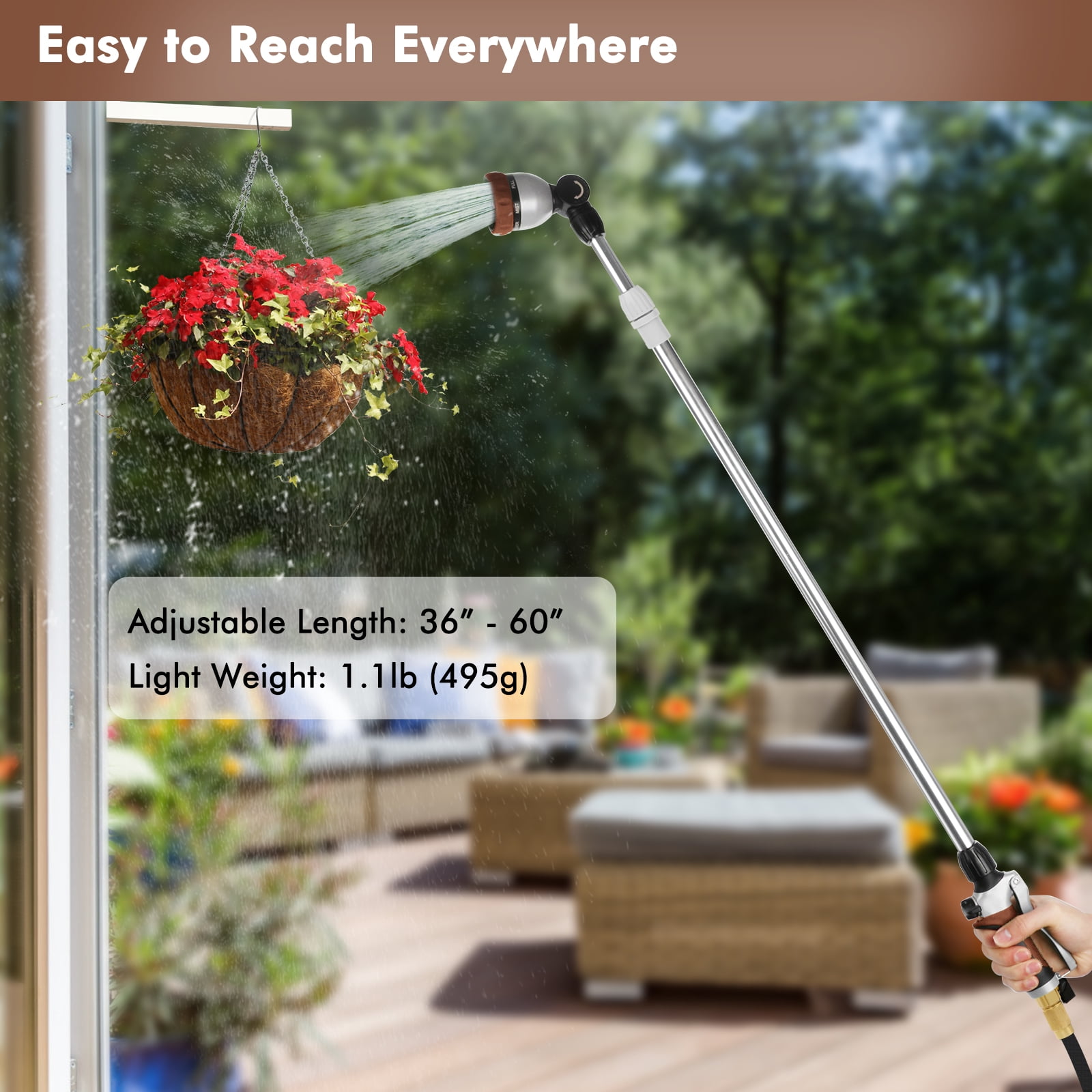 Restmo Telescopic Metal Watering Wand, 36-60 Inch Long Adjustable Tube with 180° Ratcheting Head, 7 Spray Patterns and Flow Control | Garden Hose Sprayer for Hanging Baskets, Shrubs, Lawn, Brown