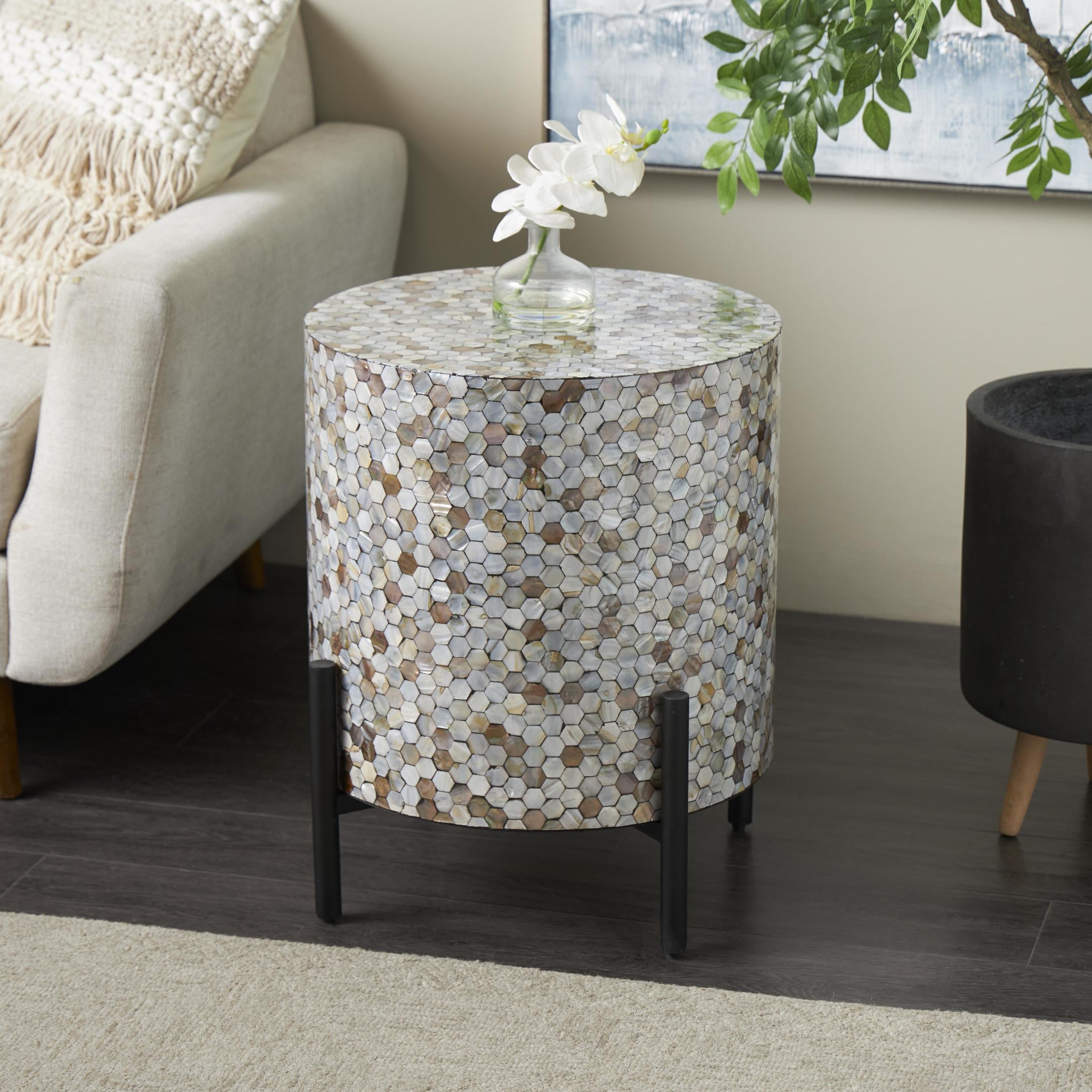 DecMode 18" x 22" Multi Colored Mother of Pearl Shell Handmade Hexagon Mosaic Inlay Abstract Accent Table with Black Metal Legs, 1-Piece
