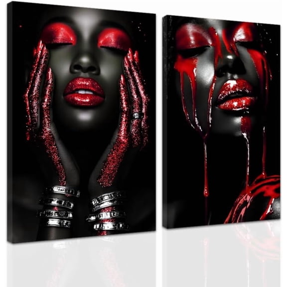 ZHONGYUTONG 2 Piece African American Wall Art Black Woman Pictures Red Girl Bedroom Wall Decor Afro Women Canvas Prints Female Home Room Decor Framed (11.00" x 14.00" x 2PCS)