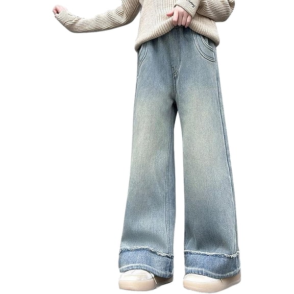 YunPes Girls Washed Straight Leg Jeans Elastic Waist Rolled Hem Frayed Cuffs Denim Pants Kids Baggy Casual Fashion Y2K