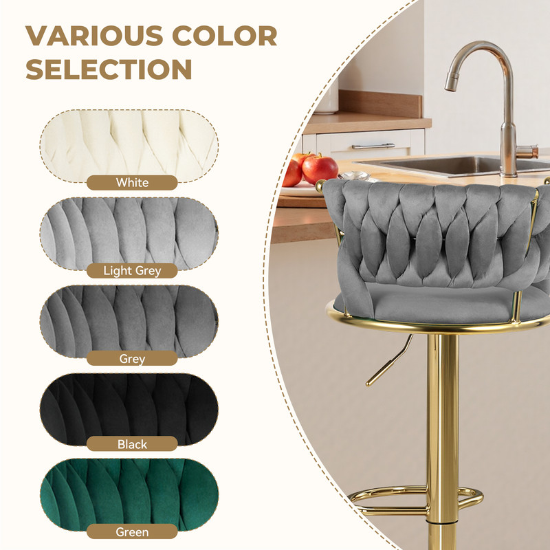 Hawsaiy Modern Velvet Bar Stools Set of 4, Adjustable Height Woven Back Bar Chairs with Footrest and Swivel for Kitchen Island & Dining Room, Dark Gray