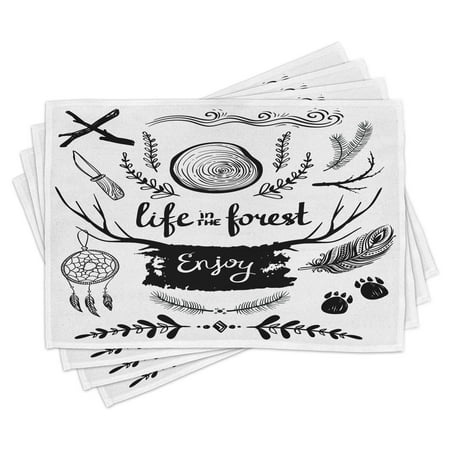 

Adventure Placemats Set of 4 Life in the Forest Theme Boho Details Antlers Tree Branches and Feathers Washable Fabric Place Mats for Dining Room Kitchen Table Decor Charcoal Grey White by Ambesonne