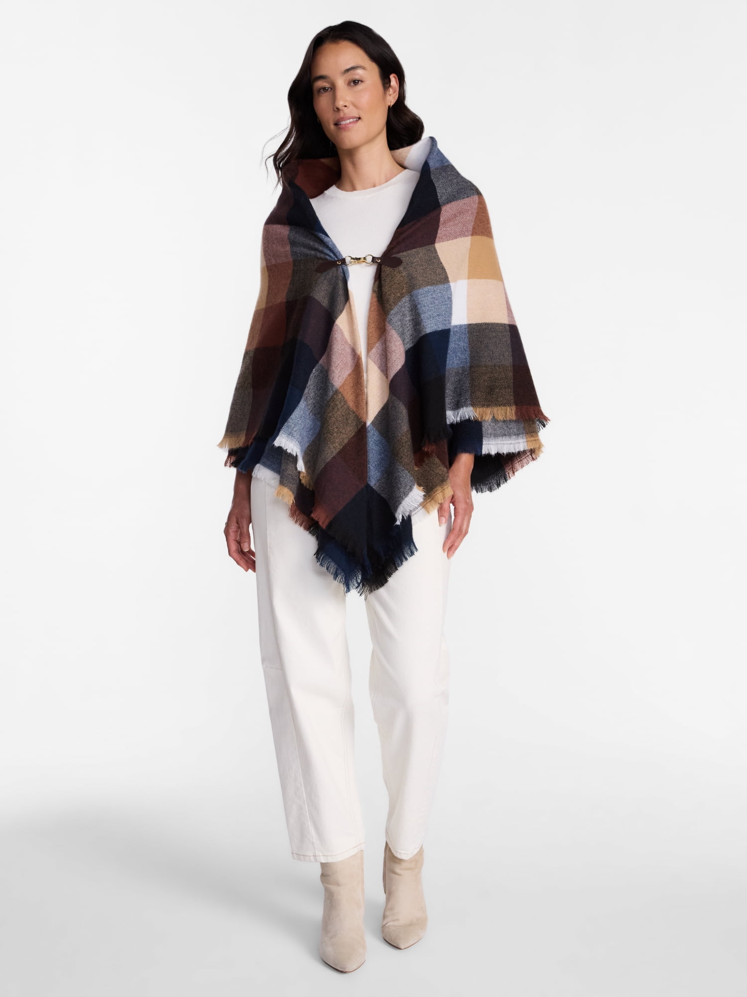 Time and Tru Women's Plaid Poncho with Clasp, Sizes S/M-L/XL