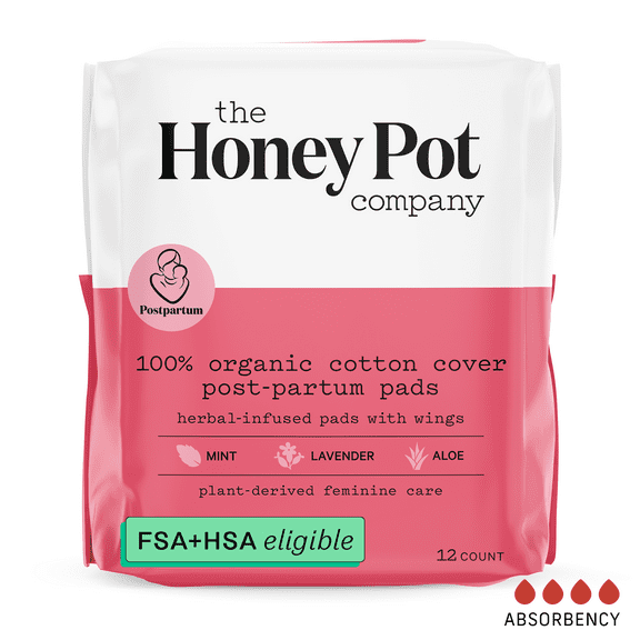 The Honey Pot Company, Herbal Post-Partum Pads with Wings, Organic Cotton Cover, 12 ct.