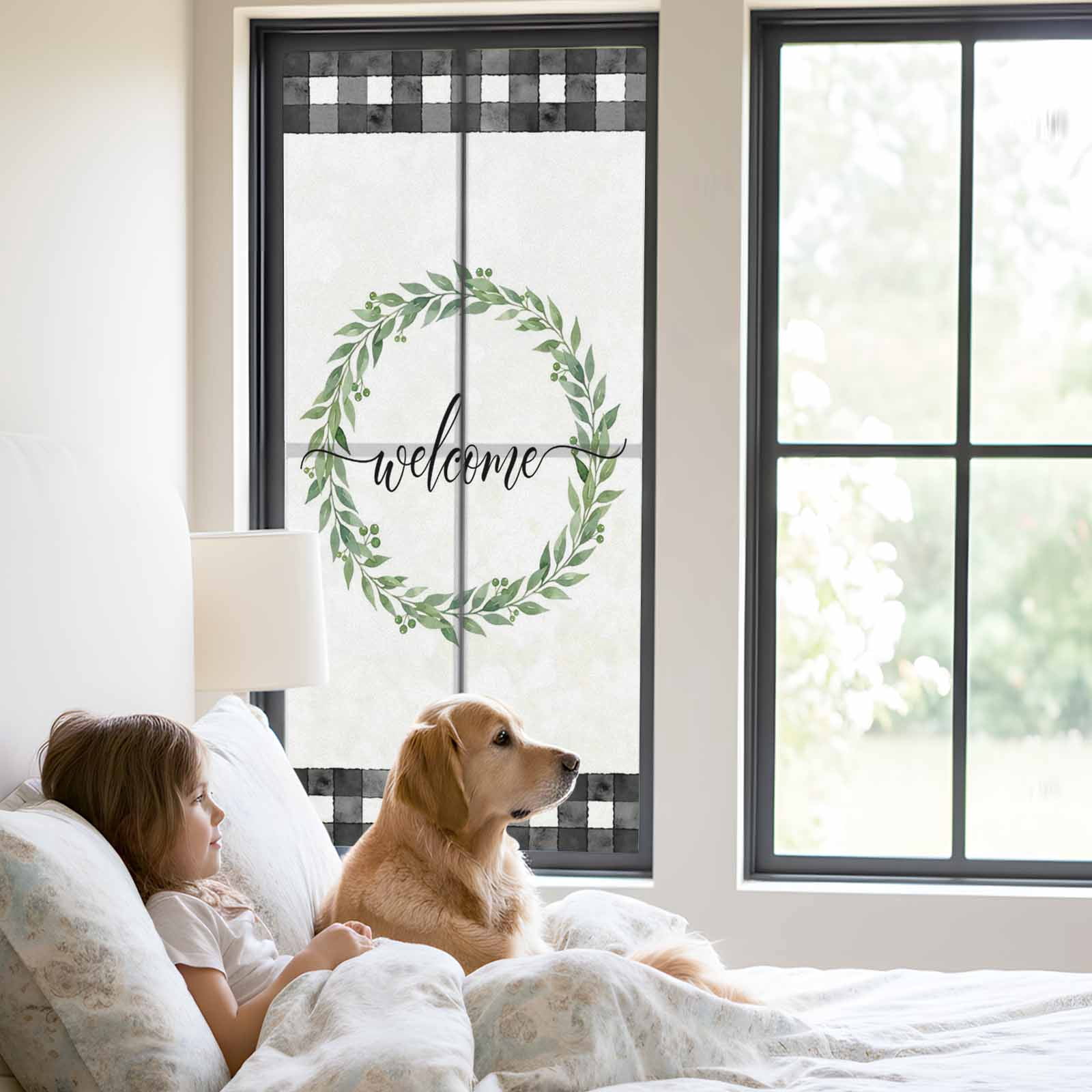 Welcome Window Privacy Film, Vintage Leaf Wreath Plant Black Plaid Border Frosted Glass Window Clings Static Cling UV Heat Blocking Reusable Door Sticker for Bathroom 23.6 x 59 Inch