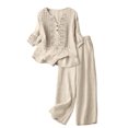 thumbnail image 5 of Linen Sets for Women 2 Piece 2026 Summer Plus Size 3/4 Sleeve Embroidered Tops Wide Leg Pants Casual Boho Beach Cute Outfits, 5 of 5