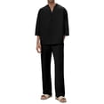 thumbnail image 2 of QATAINLAV Men's 3/4 Sleeve 2 Piece Vacation Outfits Casual V Neck Henley Shirts and Wide Leg Pants Matching Sets Vacation Clothes, Black, XL, 2 of 9