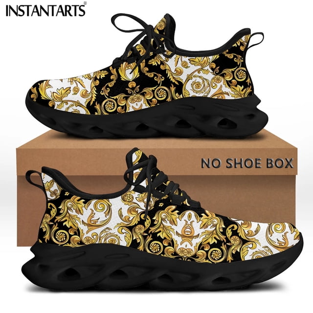 Zapatillas de deporte informales de malla barroca dorada para mujer, zapatos de plataforma transpirables con diseño floral europeo de lujo, ligeros y planos de viaje.