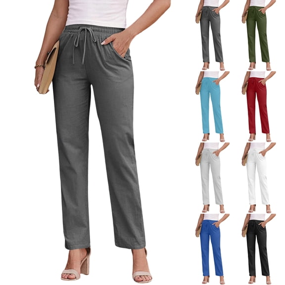 Laqbezok Women's Cotton Linen Pants, High Waist Drawstring Casual Loose Trousers with Pockets for Summer Beach Travel Vacation