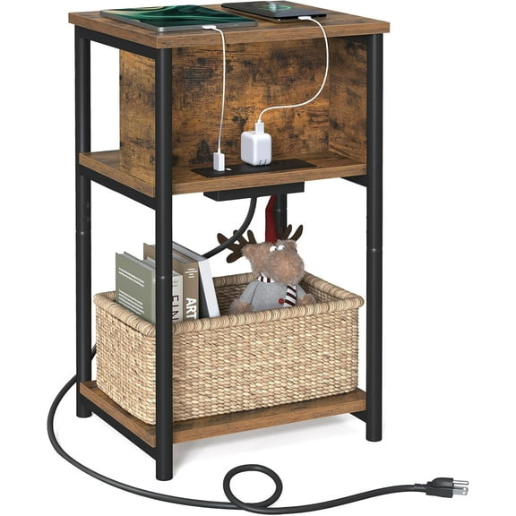 YEXJ Side Table with Charging Station, 3-Tier End Table with USB Ports and Outlets, Nightstand for Living Room, Bedroom, 11.8 x 13.4 x 22.8 Inches, Plug-in Series,Rustic Brown Black