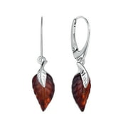 Genuine Baltic Amber Double Leaf Earrings Leverback in Sterling Silver