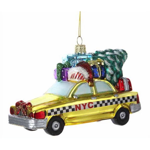 5.25" Checkered New York City Taxi Cab Glass Christmas Ornament