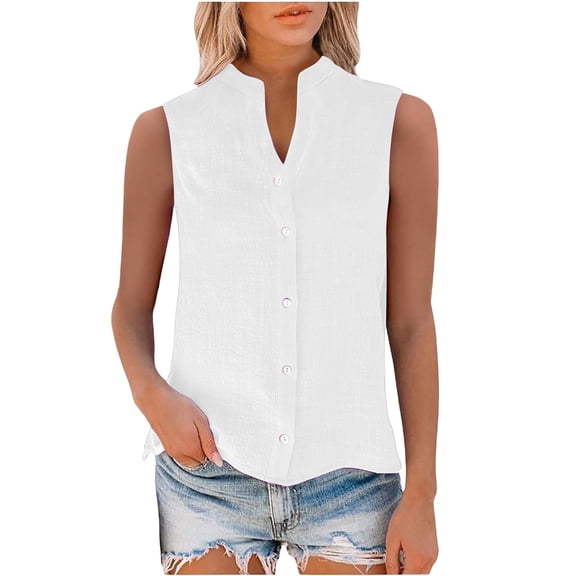 NuoCaiYun Dressy Tank Tops for Women Cotton Linen Sleeveless Shirts Trendy V Neck Button Down Blouses with Side Slit