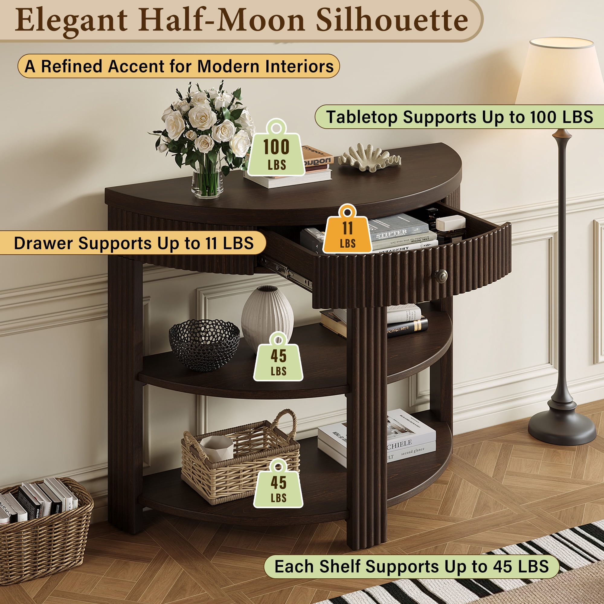 Fluted Half Moon Console Table with Drawer and 2 Shelves for Entryway, Living Room and Hallway (Espresso)