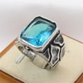 thumbnail image 2 of HIJONES Men's Stainless Steel Punk Large Cut Gemstone Crystal Engraved Wedding Ring Gothic Titanium Biker Jewelry Blue Stone Size 12, 2 of 6