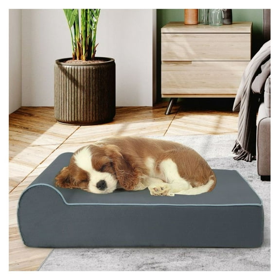 Orthopedic Dog Bed with Headrest - Large 40x32x12in Graphene Memory Foam Dog Bed for Large Dogs, Washable Cover, Non-Slip, Grey - Arthritis & Joint Pain Relief