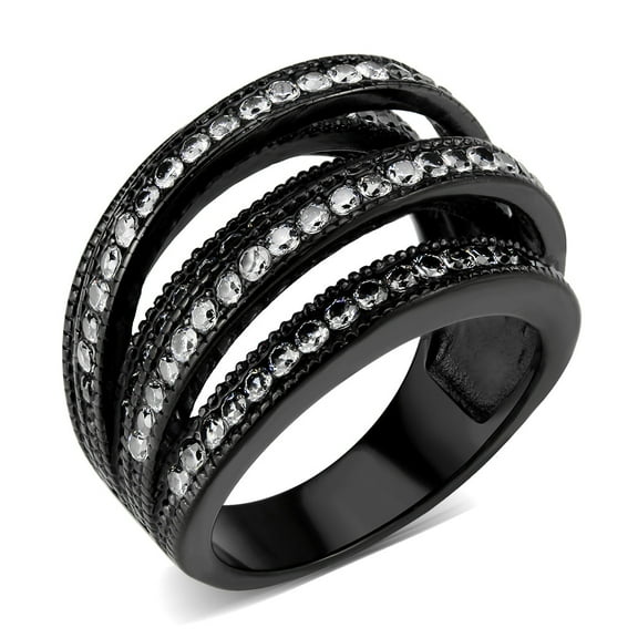 Black Stainless Steel Ring with AAA Grade CZ in Clear for Women Clear Stone Color Style TK3752 Size 10