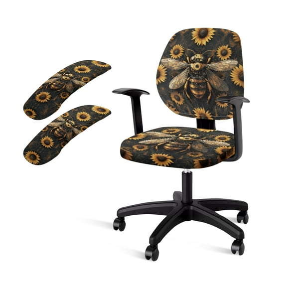 SCRAWLGOD Bee Sunflowers Comfy Office Chair Covers with Arm Rest Slipcovers Crease Resistant High Back Chair Cover Washable Universal Desk Chair Protector, 4 PCS