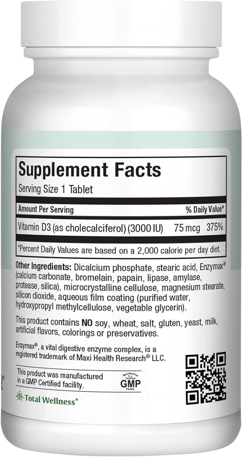 Maxi Health Vitamin D3 3000 IU – Bone & Immune Support Supplement – 180 Tablets – For Adults – Kosher