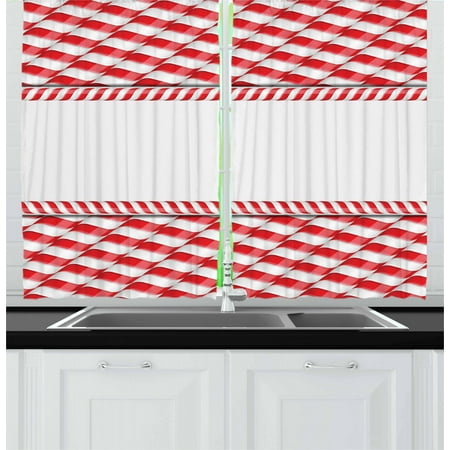 Traditional Food For Christmas Candy Cane Curtains 2 Panels Set, Horizontal Border Design with Abstract Traditional Food Pattern Taste of Xmas, Window Drapes for Living Room Bedroom, 55W X 39L Inches, Red White, by Ambesonne ()
