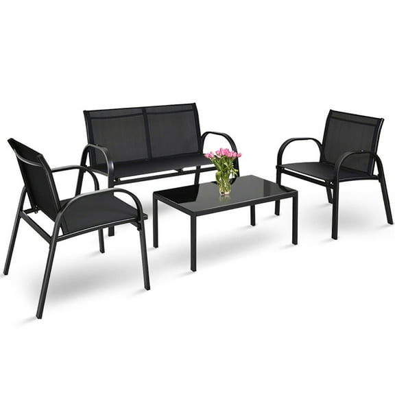 Barara King 4 Pieces Patio Furniture Set with Glass Top Coffee Table Patio Garden Lawn Cushioned Seat, Patio sectional Furniture Sets-Black