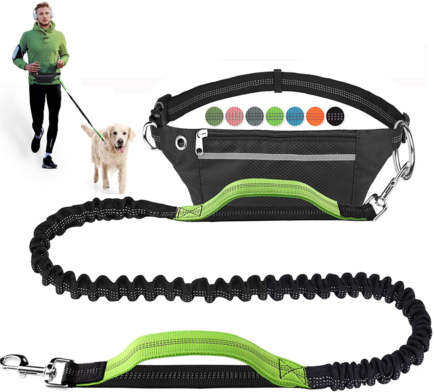 Dual Handle Black Adjustable Waist Belt Reflective Stitches Retractable Bungee Dog Running Waist Leash for Medium to Large Dogs MWD Hands Free Dog Leash for Running Walking Jogging Training Hiking 