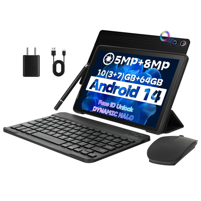 Tablette Android 14 10 Pouces avec Étui, A523 Octa Core FHD IPS HD Écran Tactile, 8 Go RAM + 64 Go ROM(TF 1 To), Widevine L1, 5000mAh, Tablette WiFi, Déverrouillage Facial, Noir+ensemble Clavier & Souris Noir