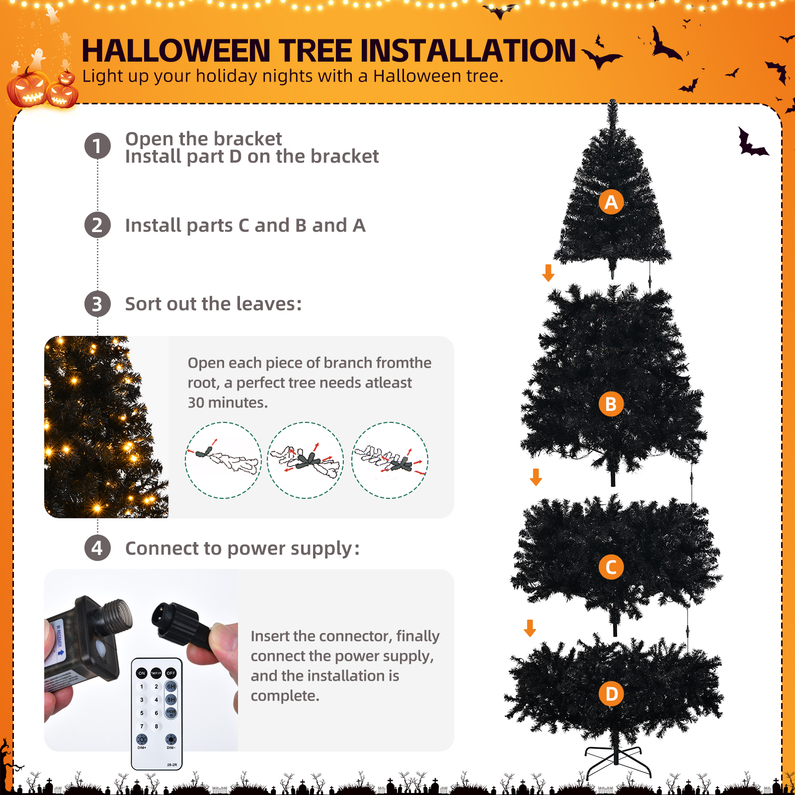 8 FT Pre-lit Artificial Christmas Tree, Hinged Xmas Pine Tree with 1450 Branch Tips, 550 Lights and Remote Control for Holiday Party Office Home, Black