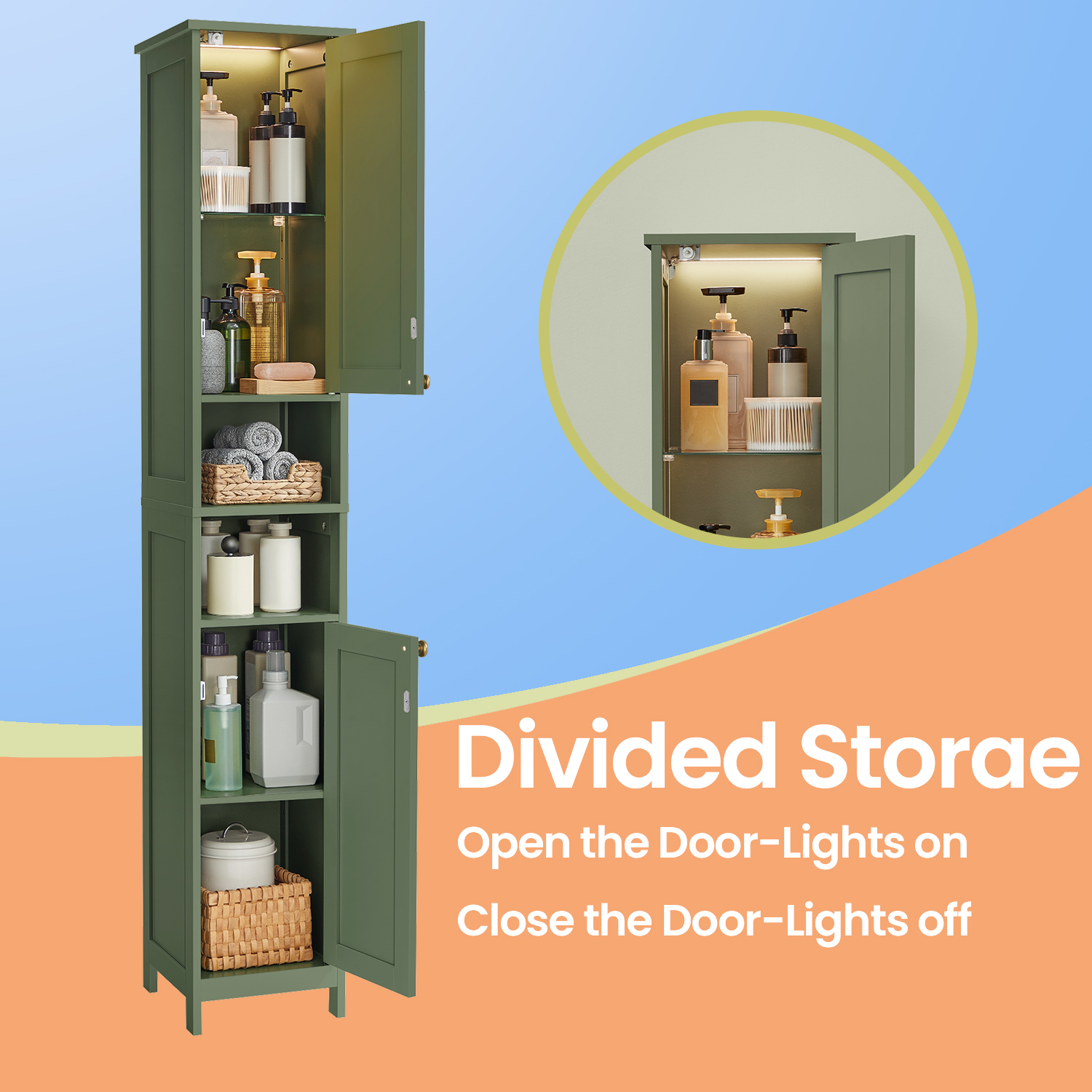 LEDREM Bathroom Storage Cabinet 67" Tall Narrow Wooden Freestanding Cabinet with Automatic Door Lights, Adjustable Shelves,Green
