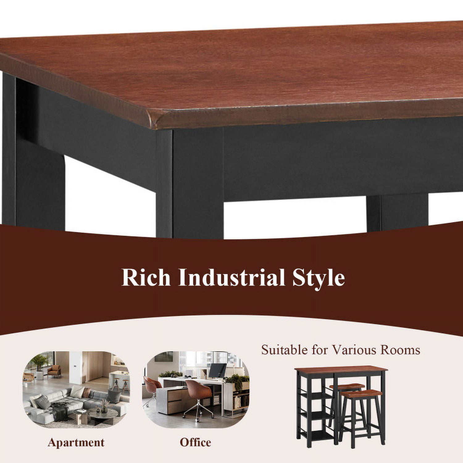 Finihen Dining Set, Dining Table Set, 3 Piece Counter Height Dining Table Set with 2 Saddle Stools and Storage Shelves, for Home, Restaurant, Walnut Finihen Dining Set, Dining Table Set, 3 Piece Counter Height Dining Table Set with 2 Saddle Stools and Storage Shelves, for Home, Restaurant, Walnut